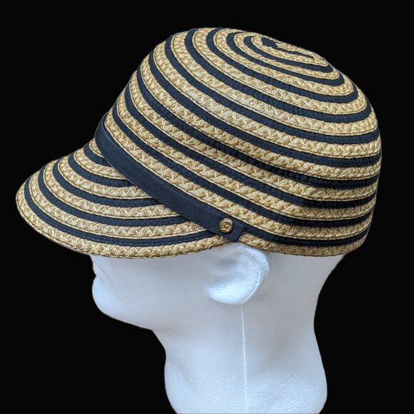Eric Javits Womens Newsboy Hat Natural Raffia  Tan & Black UPF 50+ Packable Cap - Picture 3 of 7